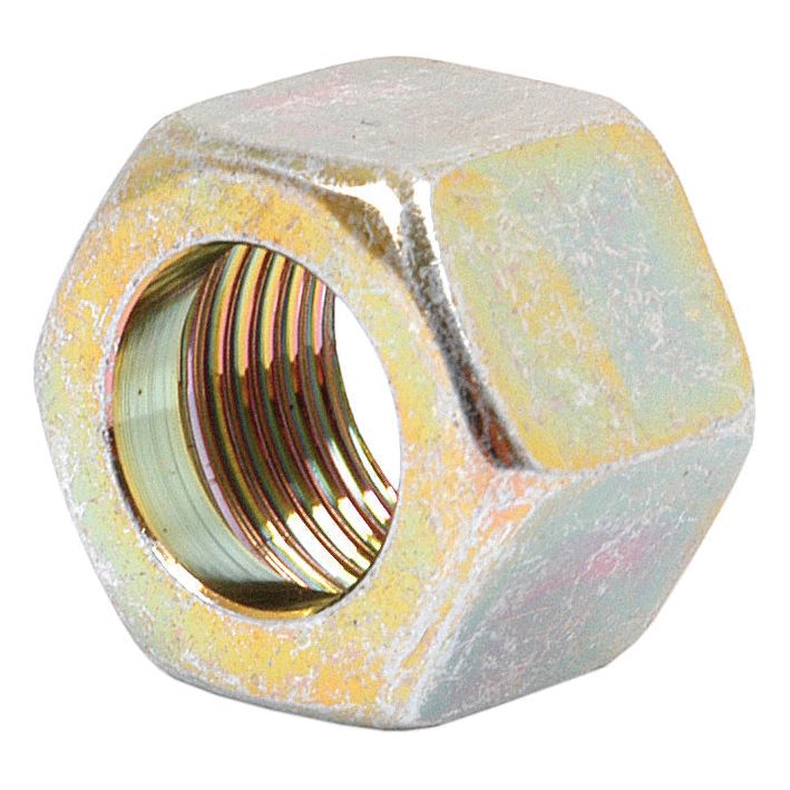 The Sparex Union Nut M14x1.50 Metric DN06 (Sparex Part No.S.31243) is a hexagonal metal nut with an internal threaded hole, specifically designed for use with screw components.