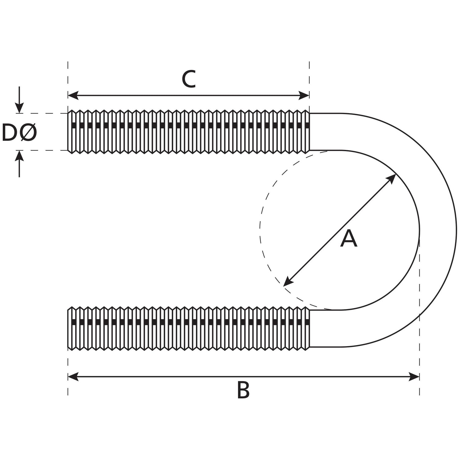 Diagram of a U-bolt with measurements labeled: A for the inner diameter, B for the total length (140mm), C for the threaded section, and D for the diameter of the rod (M12). The Sparex U Bolt- M12x114mm Length: 140mm part no. S.11541 comes with nuts and washers included.