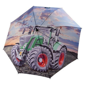 Introducing the AGCO Fendt Umbrella (X991018140000), a large umbrella featuring an automatic opening mechanism and excellent rain protection. This visually striking umbrella displays a printed image of a green tractor with large tires set against a field under a cloudy sky.