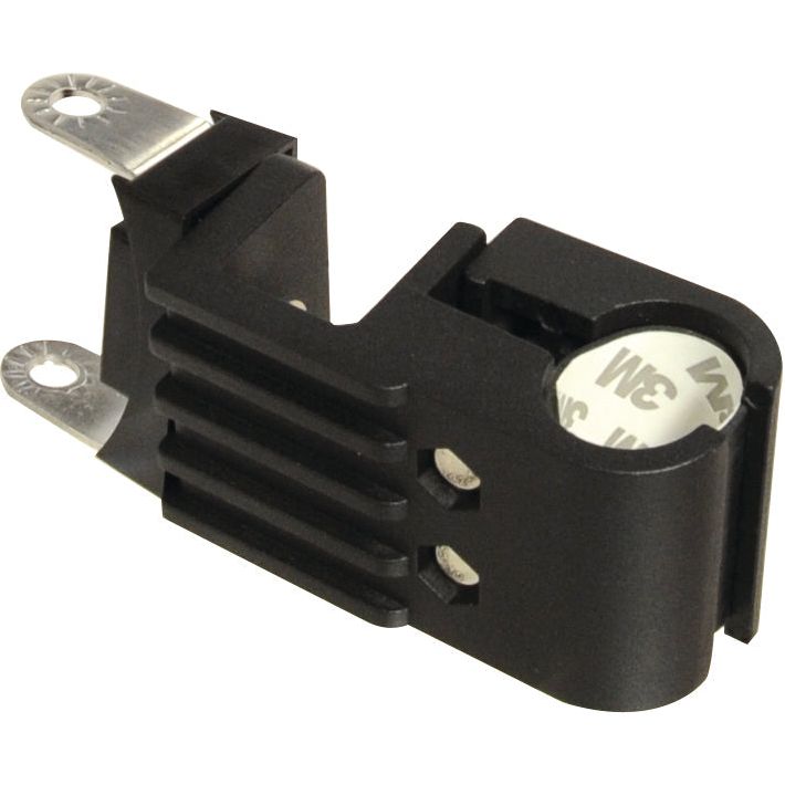 The Universal Handrail Bracket - S.112530 by Sparex is a black plastic and metal electronic component with two mounting holes, ribbed sides, and a cylindrical section containing a 3M adhesive pad, making it suitable for various applications.