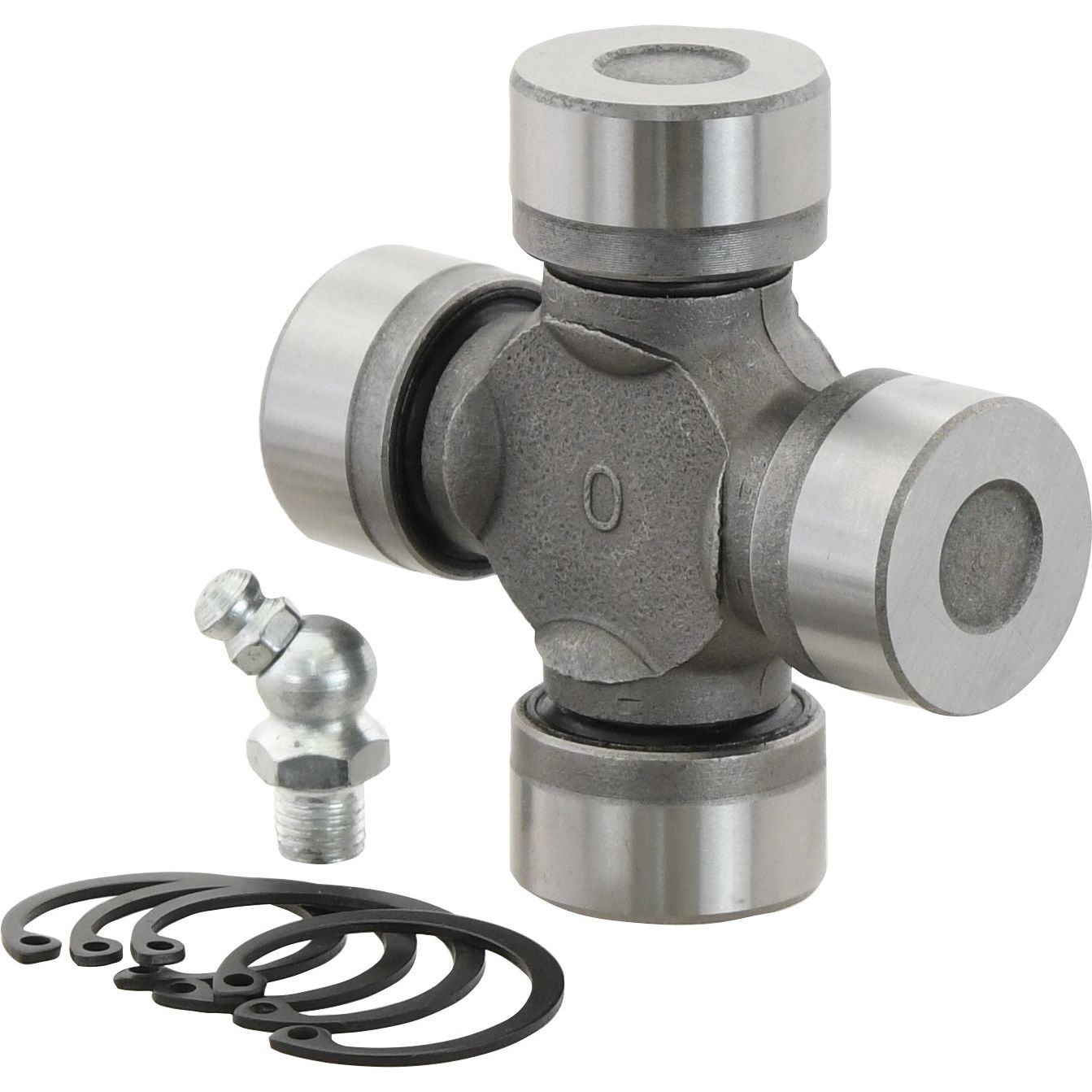 A Sparex Universal Joint - 27 x 70mm (Standard Duty) | Sparex Part No.S.2445, along with its associated parts such as a grease fitting and several retaining clips, displayed on a white background.