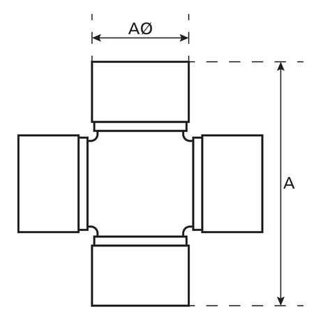 Technical drawing of a four-way pipe fitting with labeled dimensions "A" and "AØ" indicating overall height and diameter, respectively. The fitting, similar to the Sparex Universal Joint 27 x 81.50mm (Sparex Part No.S.22508), has four equal-sized connections at right angles.