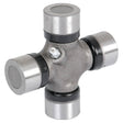 The Sparex Universal Joint - 27 x 81.5mm (Standard Duty) | Sparex Part No.S.14741, featuring four cylindrical ends and a central cross-shaped connector, is ideal for Land Rover mechanical applications and is used for transmitting rotational motion.