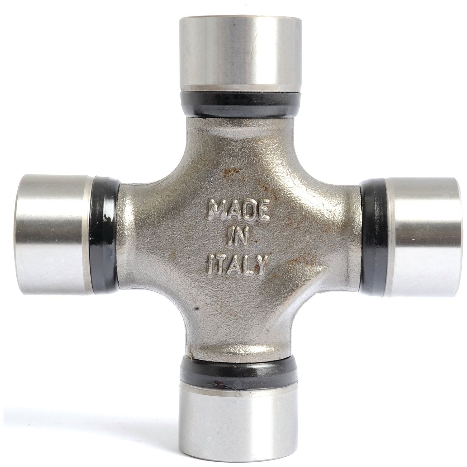 Image of the Sparex Universal Joint 30.3 x 107.2mm | Part No.S.65006, with "Made in Italy" stamped on the central cross piece. The component, compatible with Ford / New Holland machinery, has four cylindrical ends with black seals.
