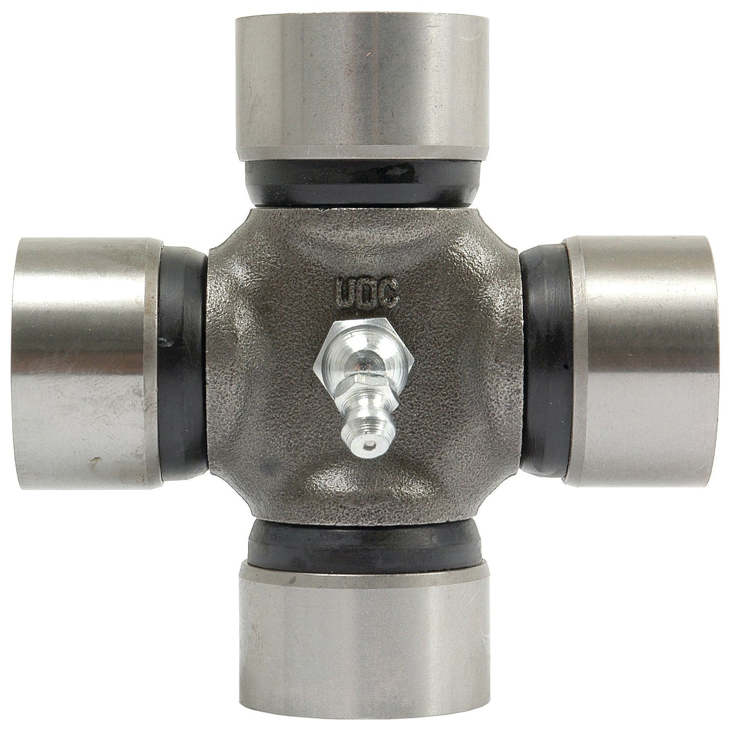 The Universal Joint 32 x 86.15mm (Sparex Part No.S.57449) by Sparex is essential for smooth and efficient operation in Ford New Holland machinery, featuring four cylindrical bearings oriented in a cross shape to transmit rotational power in mechanical applications.