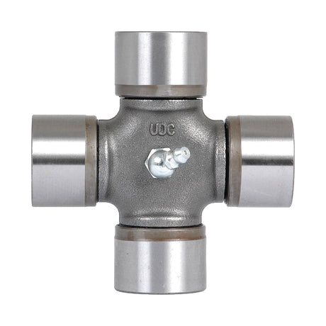 A metal universal joint (U-joint) with four cylindrical ends arranged in a cross configuration. The central hub features a grease fitting labeled "UDC." This high-quality Universal Joint 35.0 x 97mm, Sparex Part No.S.62346, is designed for compatibility with John Deere machinery, ensuring durability and smooth operation.
