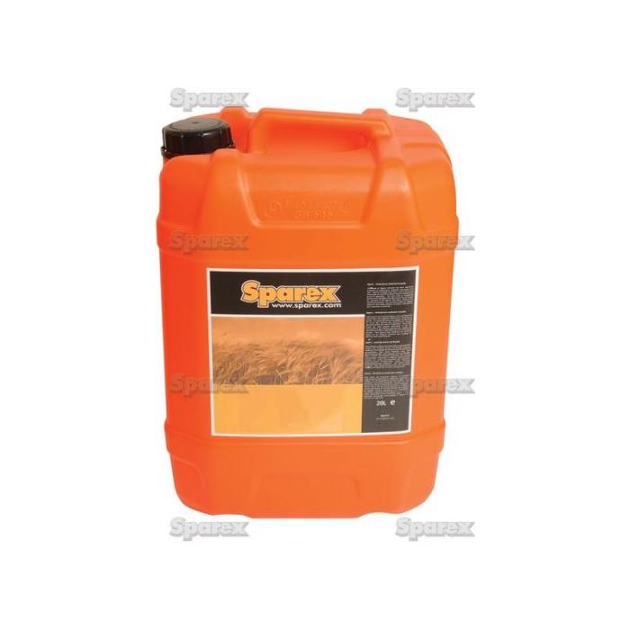 A Sparex Universal Oil 10W/40, 20-liter container with a black screw cap features a label adorned with a field image and product information. This high-quality container is perfect for storing semi-synthetic oil ideal for diesel engines and other agricultural lubricants. The specific part number is S.105867.