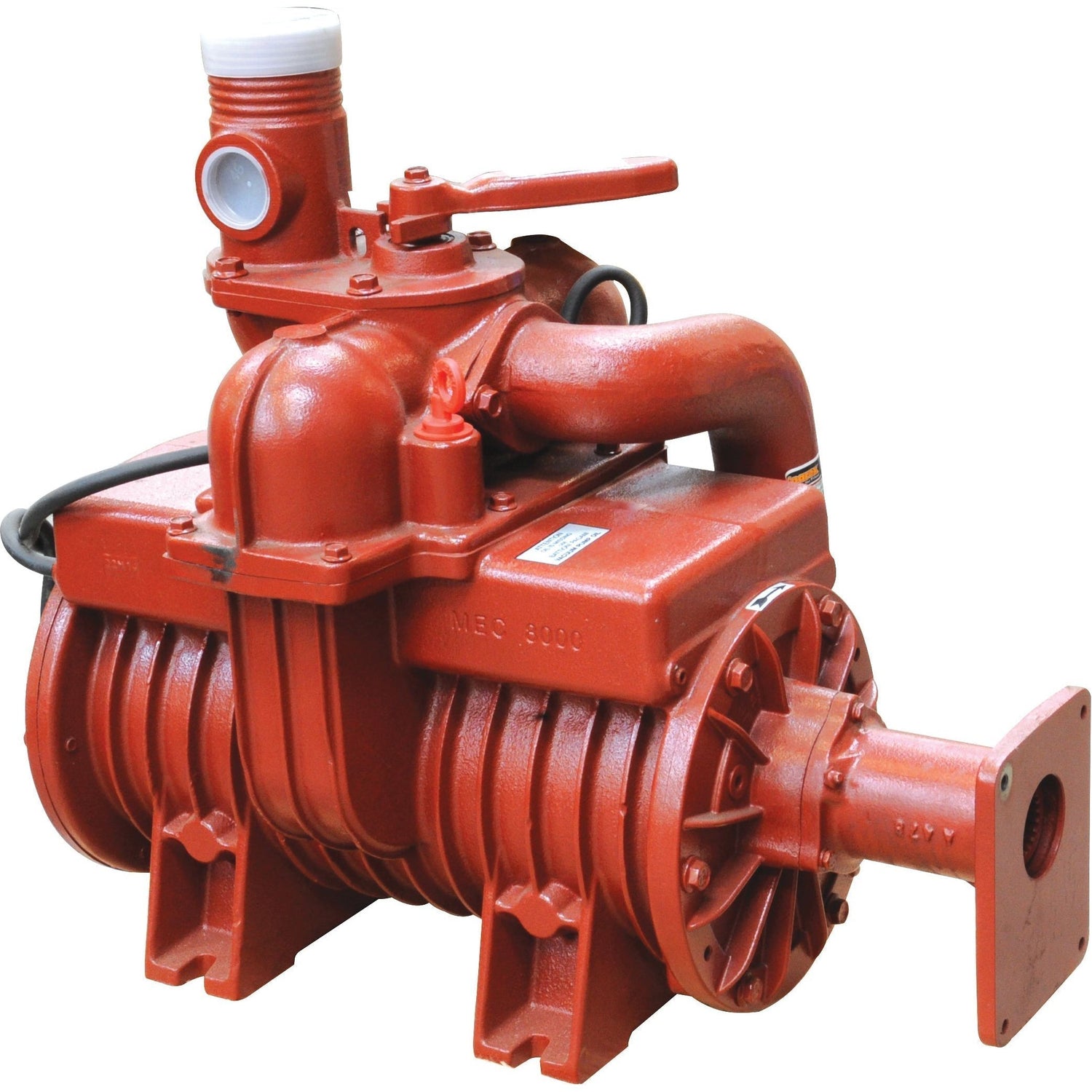 A red industrial vacuum pump, branded Sparex MEC8000H, featuring a cylindrical body with intake and exhaust valves, mounting feet, and a hydraulic motor operating at 1000 RPM (S.149222).