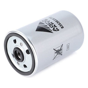 A cylindrical metallic automotive oil filter branded with AGCO's logo and displaying the model number V835362570, designed to meet the rigorous standards akin to the Valtra Fuel Element for optimal fuel filtration.