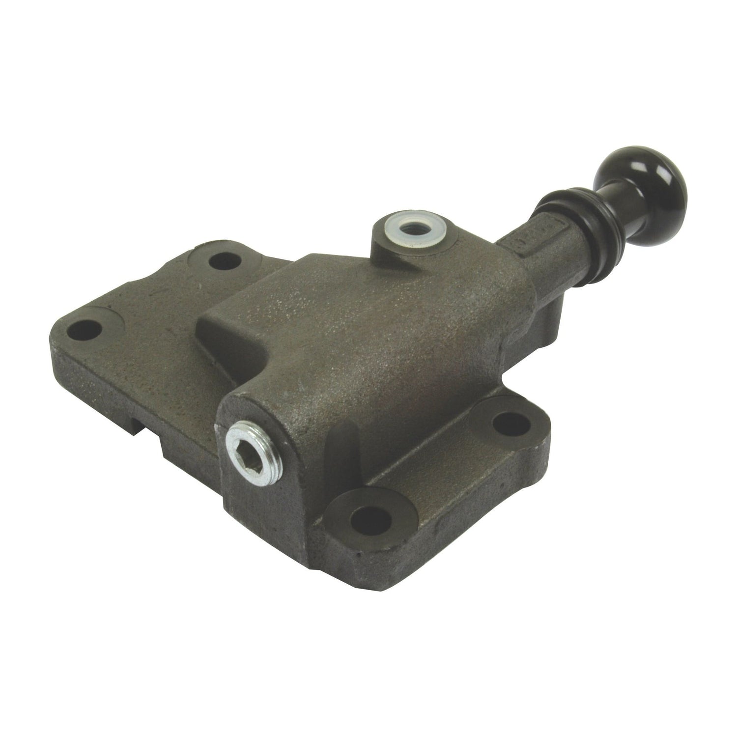 This Flow Control Valve Assembly (Valve Assembly | Sparex Part No. S.66232), manufactured by Sparex, features a black cylindrical handle and multiple mounting holes, making it perfect for use in Ford / New Holland machinery. This versatile part is also compatible with other Sparex products.
