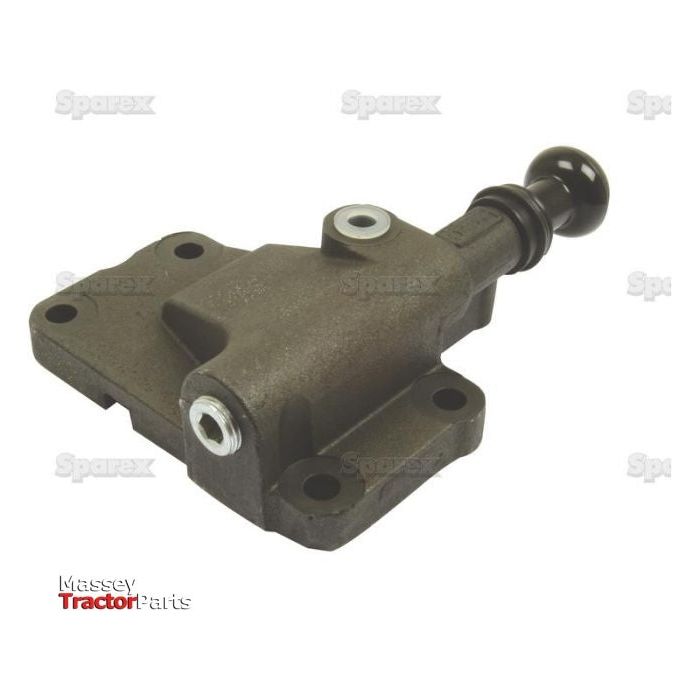 A metallic spare part with a cylindrical extension and a knob at the end, labeled as Massey Tractor Parts, and compatible with Ford / New Holland Flow Control Valve Assembly, known as the Valve Assembly | Sparex Part No.S.66232 from the brand Sparex.