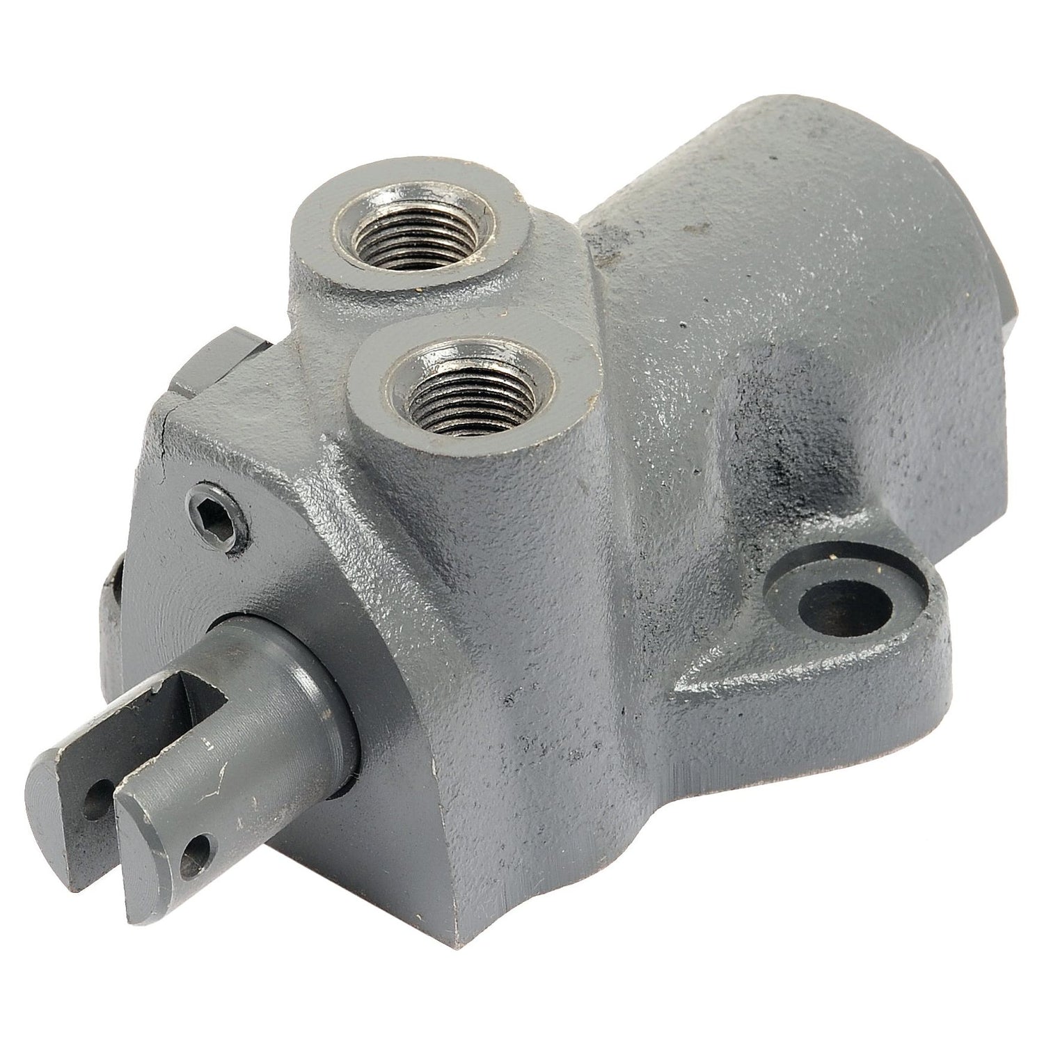 A Valve Assembly (Sparex Part No. S.68325) by Sparex, featuring a gray metal construction with two threaded ports and a lever mechanism at the bottom, suitable for integration with Massey Ferguson or Landini power steering cylinder systems.