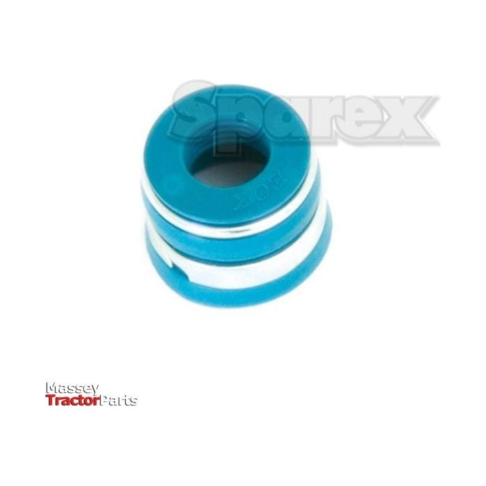 A compact cylindrical part in blue and white with a hollow center is displayed against a plain white background, featuring the "Sparex" watermark and the "Massey Tractor Parts" logo; perfect for use as a Valve Cap in your machinery. This is the ideal Valve Stem Seal, available under Sparex Part No. S.31613 from the trusted brand Sparex.