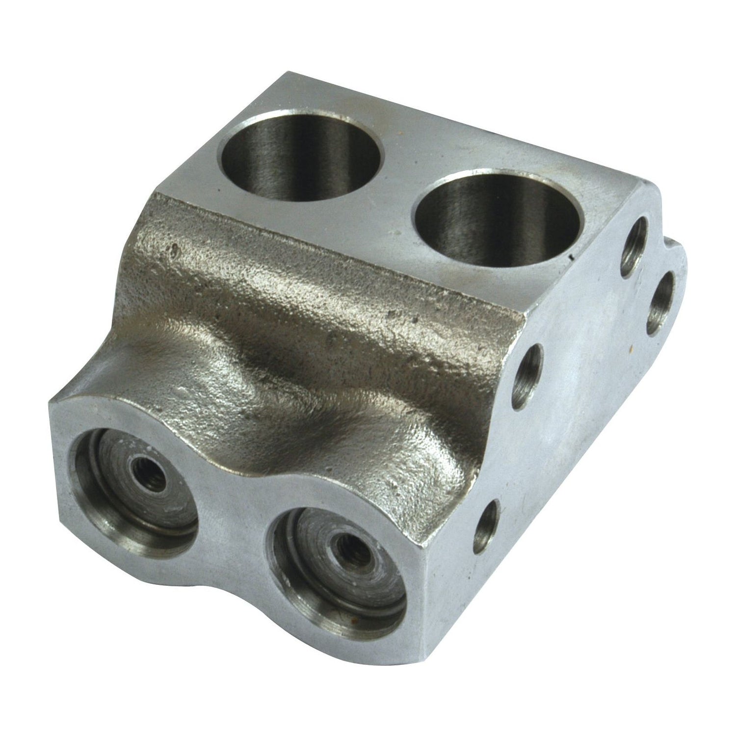 The Sparex Valve Chamber, part number S.17369, is a silver-colored metal hydraulic manifold block that features four ports and drilled holes, compatible with the MK2 Pump.