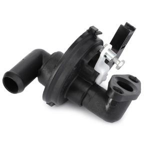 Close-up of the AGCO Massey Ferguson - Valve Radiator (part number 3907300M1), a black plastic automotive component with bolts and a protruding pipe section. The part has a round central piece and multiple connecting points, typical of the Massey Ferguson 5400 Series components.