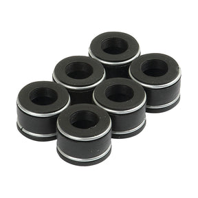 Image shows the Sparex Valve Stem Seal Kit - S.57615, comprising six cylindrical rubber grommets with metal inner rings, arranged in a two-row formation, ideal for 3 and 6-cylinder applications.