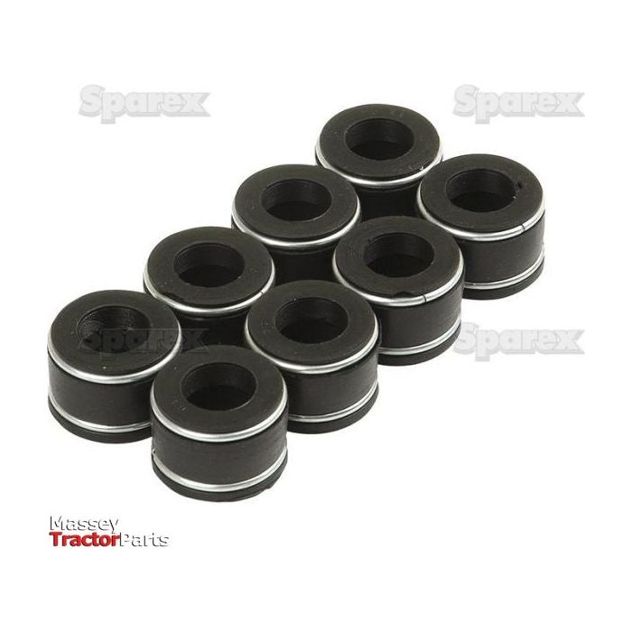 A set of two eight-piece cylindrical black rubber grommets with metal edges, arranged in a staggered pattern on a white background and ideal for 4-cylinder applications from Sparex, is available as the Valve Stem Seal Kit - S.57876.