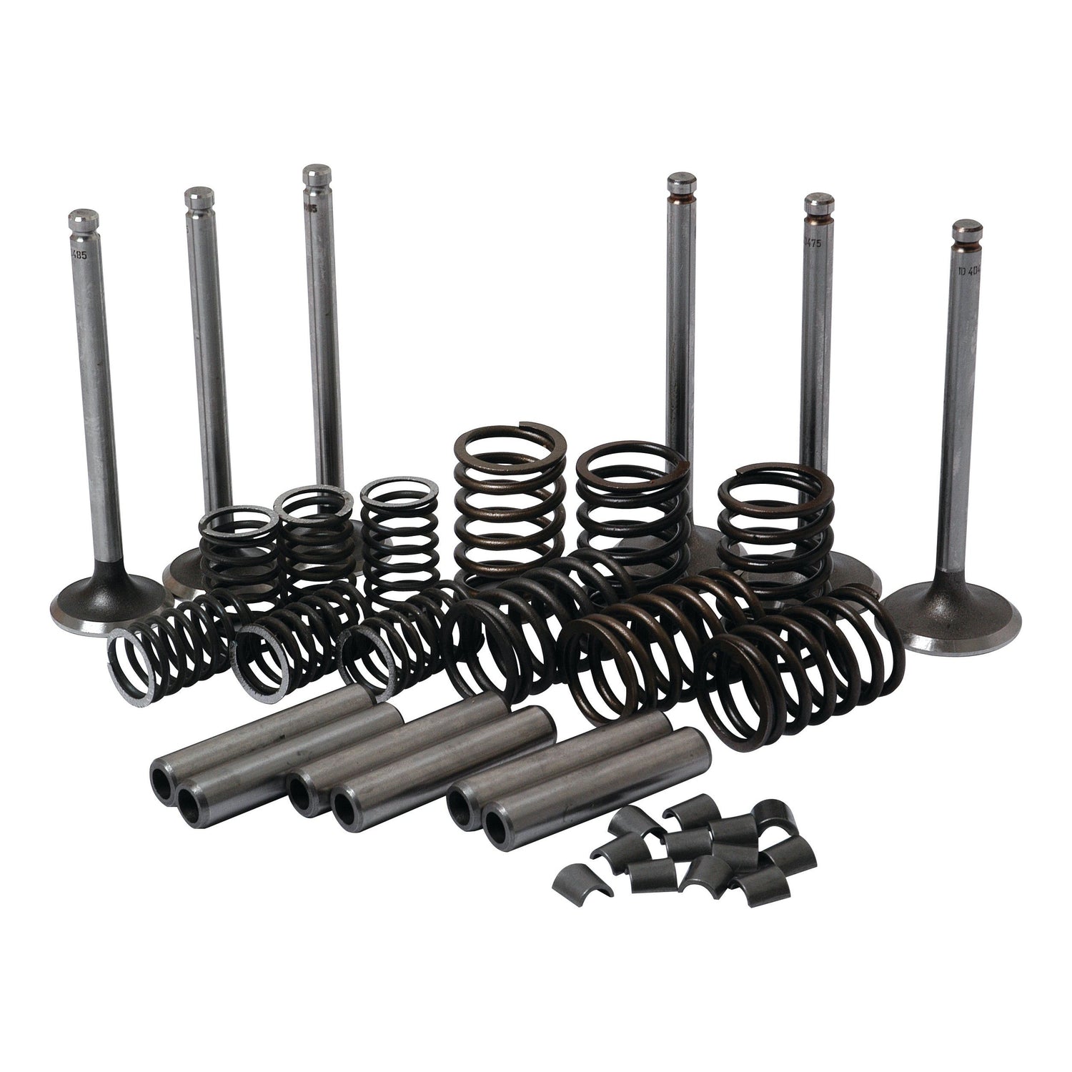 A Valve Train Kit - S.41585 by Sparex, featuring an assortment of metal engine components such as intake valves, valve guides, springs, and various cylindrical parts, arranged on a white background.