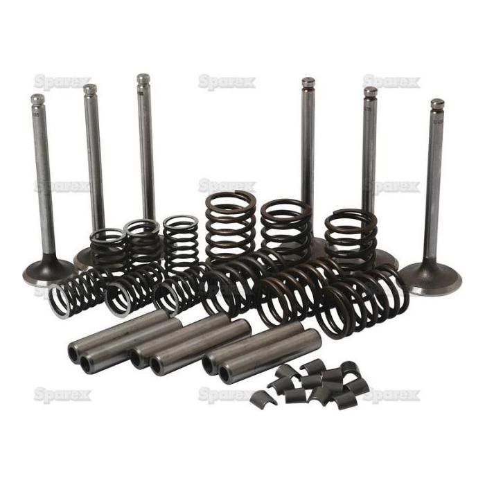 Assorted components from the Valve Train Kit - S.41585 by Sparex, including intake valves, springs, and other parts arranged on a white background.