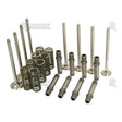 The Valve Train Kit - S.57915 by Sparex, featuring various metal engine parts such as valve springs, exhaust valves, intake valves, and valve guides, is arranged in a group on a white background.