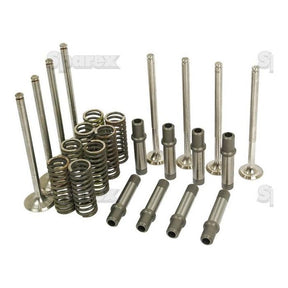 The Valve Train Kit - S.57915 by Sparex, featuring various metal engine parts such as valve springs, exhaust valves, intake valves, and valve guides, is arranged in a group on a white background.