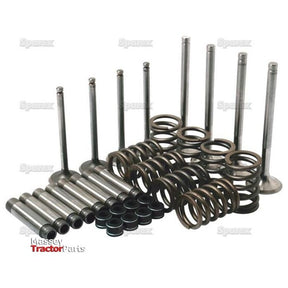A Valve Train Kit - S.57918 by Sparex, featuring intake valves, springs, and retainers neatly arranged in rows. The background has faint text watermarks.