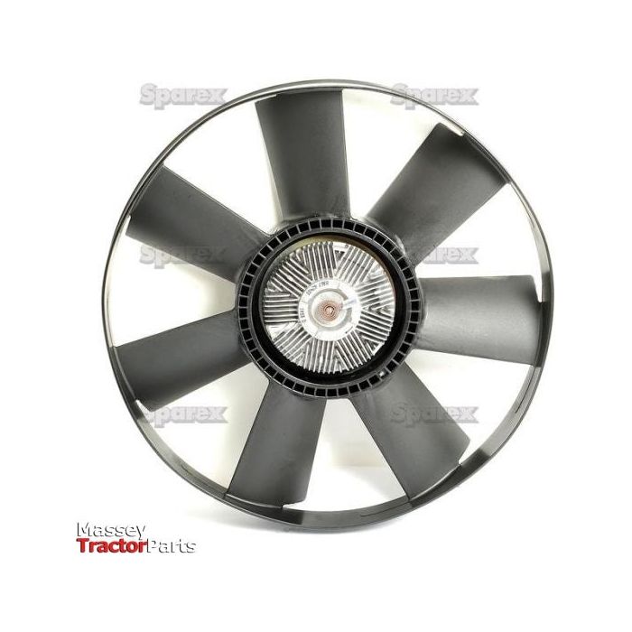 Close-up of the Viscous Fan Assembly, Sparex Part No. S.104845, used in machinery. The fan features a central hub with a metallic finish and black blades. The brand names Sparex and Massey Tractor Parts are visible in the background, along with models from Valmet & Valtra.