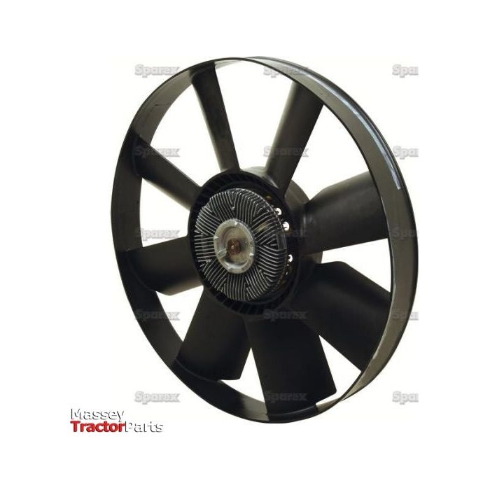 A black 8-blade Viscous Fan Assembly (Sparex Part No.S.104846) with a central hub is displayed on a plain white background. The "Massey Tractor Parts" logo is visible in the bottom left corner, along with the Sparex branding.