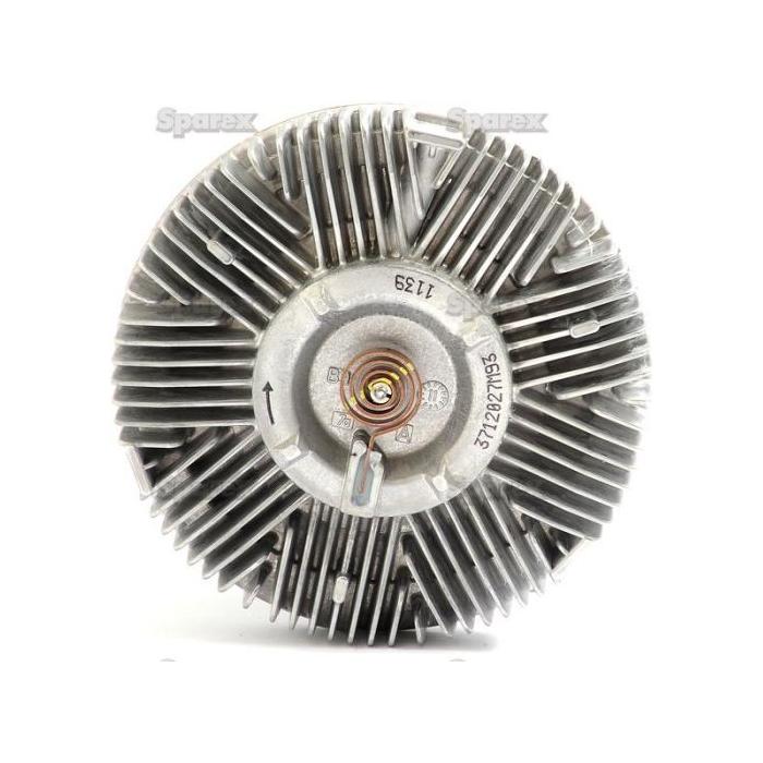 Close-up image of a metal mechanical component featuring radial fins and a central bolt, resembling Sparex's Viscous Fan Drive (Part No. S.104712). This part is likely used in cooling systems for agricultural machinery from brands such as Massey Ferguson or Landini.