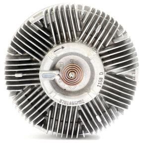 A Viscous Fan Drive marked with text including "3781865MS2" and "155 D," compatible with Massey Ferguson tractors. This Sparex product, part number S.104714, features a circular metal automotive fan clutch with many fins and a coiled spring in the center for optimal performance.
