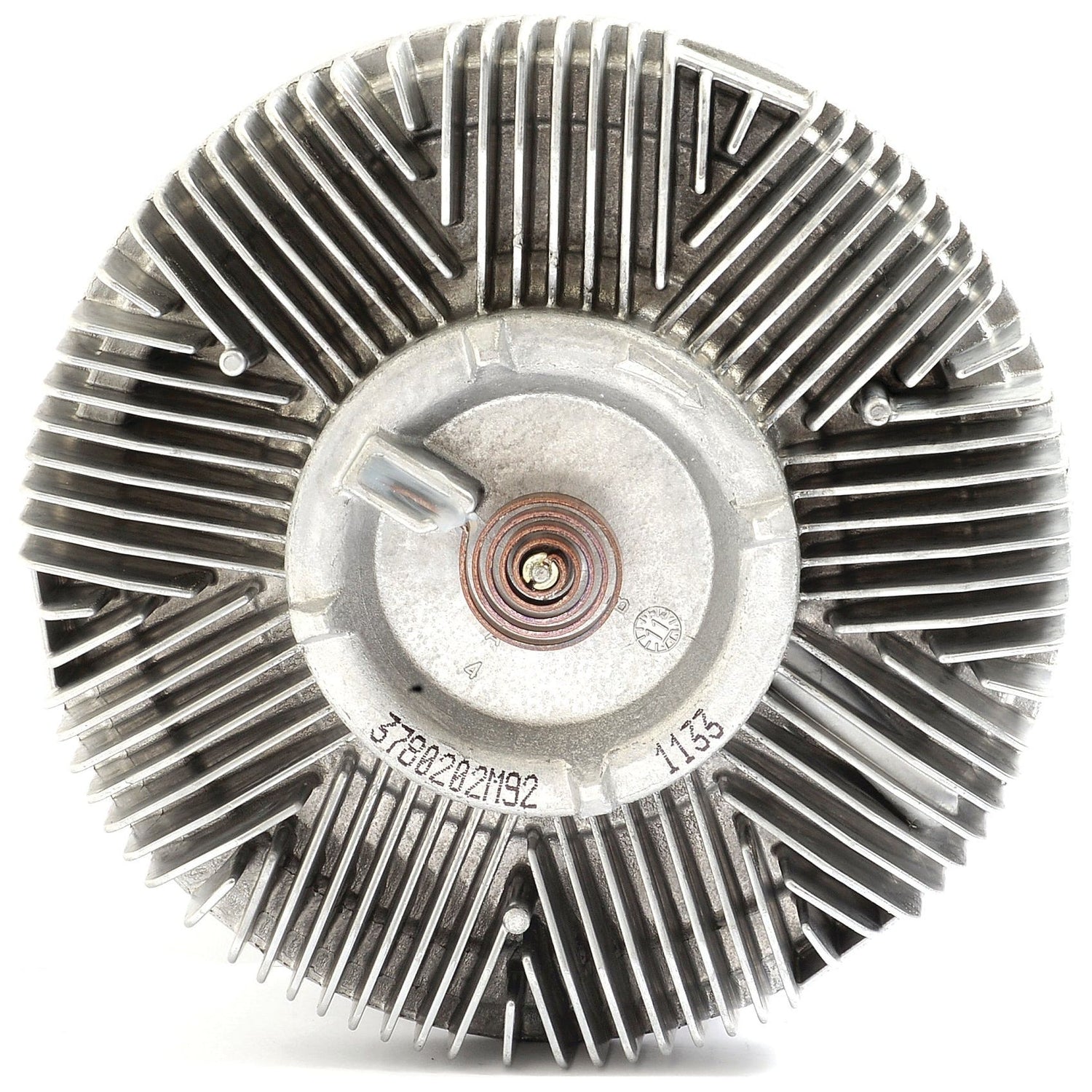 Close-up view of a metallic, circular radiator cooling component with multiple straight fins arranged radially, often identified as the Viscous Fan Drive (Sparex Part No. S.104718) from the Sparex brand, commonly found in Massey Ferguson tractors.