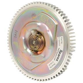 A circular mechanical component with gears and a label reading "Sparex Part No. S.104753." This Sparex Viscous Fan Drive includes instructions on the face that read "STORE THIS FACE DOWN.