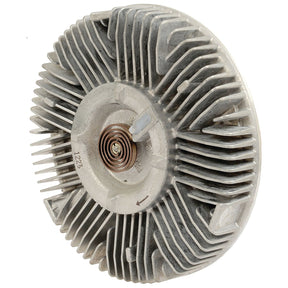 Close-up of the Sparex Viscous Fan Drive (Sparex Part No. S.104812) clutch with radiator-like fins and a central coil spring, compatible with John Deere machinery.