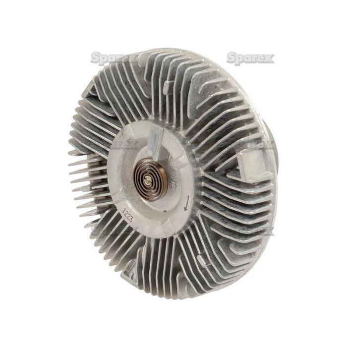 This viscous fan drive, featuring a metallic, ribbed circular design with detailed grooves and a central spring mechanism, is perfect for John Deere machinery. It's the Viscous Fan Drive | Sparex Part No.S.104817 from Sparex.