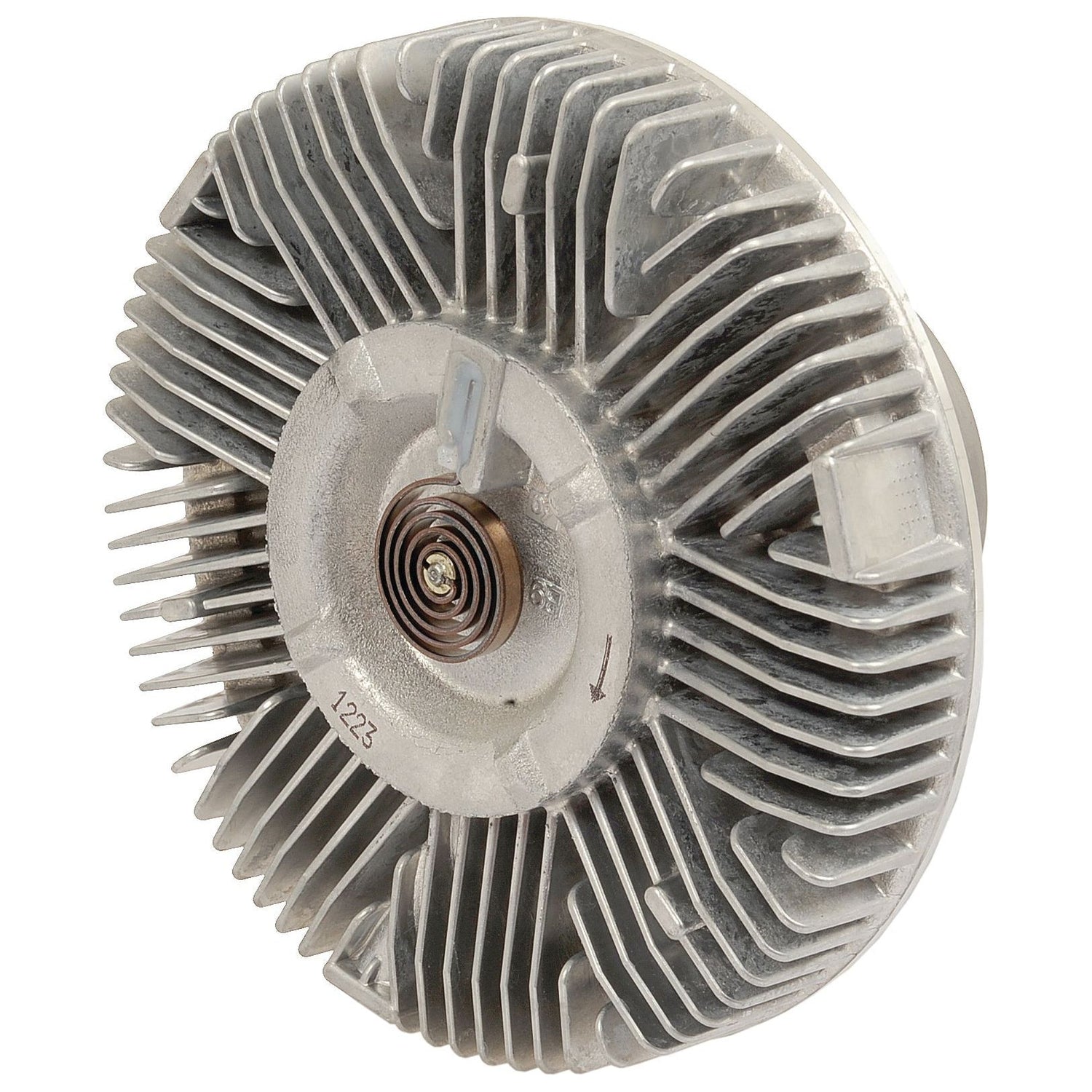 The Sparex Viscous Fan Drive (Part No. S.104817) features a metallic, fin-like structure and a central spring mechanism, designed for efficiency and durability—commonly seen in John Deere machinery.