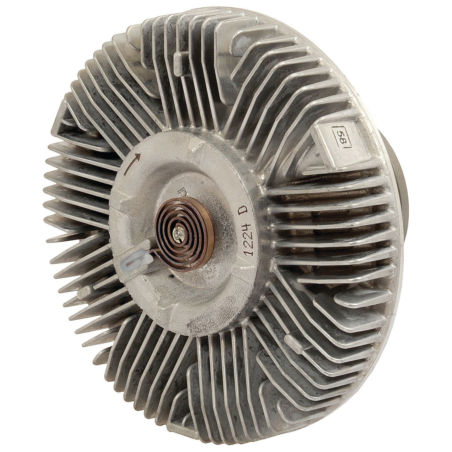 Close-up of a circular metal fan clutch with multiple radial fins and a central spring mechanism, featuring the reliable Viscous Fan Drive technology by Sparex. (Sparex Part No. S.104818)