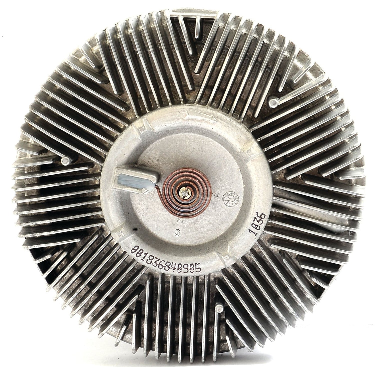 Close-up of a metallic circular component with radiating fins and a central coil, resembling the precise engineering found in Sparex's Viscous Fan Drive | Sparex Part No.S.104848, featuring numerical markings.