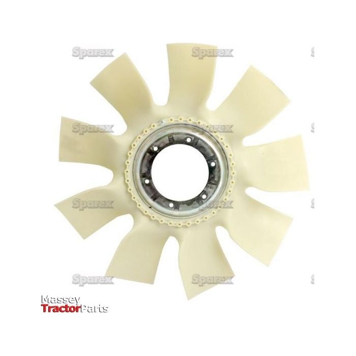 A top-down perspective of a beige plastic cooling fan blade with a metal center, designed for engine cooling, set against a white background. The "Massey Tractor Parts" and "Sparex" logos are overlaid on the image along with manufacturing details, showcasing the product named "Viscous Fan - S.104734" by Sparex.