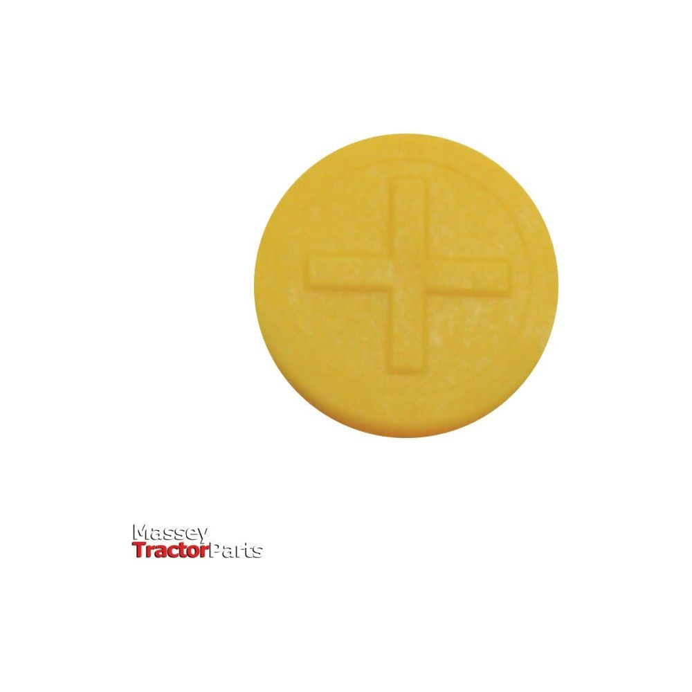 A yellow circular object with a raised plus symbol on its surface. The bottom left corner features text that reads "Massey Tractor Parts," serving as a Faster Visual Indicator - Yellow (+) by Sparex, Part No.S.112714, for easy identification.