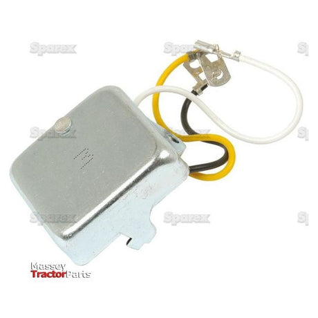 Voltage Regulator from Sparex (Part No. S.41165) includes yellow, black, and white wires, a mounting bracket, and a connector. The image displays "Massey Tractor Parts" text in the bottom left corner. Ideal for Perkins or Massey Ferguson equipment.