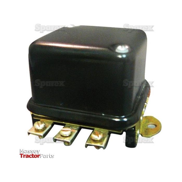 The Sparex Voltage Regulator (Part No. S.43246) features a black electronic relay with three metal connectors at the base, suitable for Massey Ferguson tractors and compatible with Allis Chalmers models, isolated on a white background.