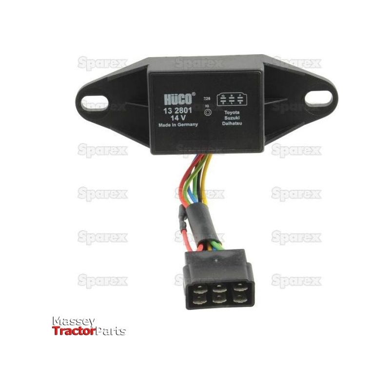 A black Sparex-branded electrical component (Part No. S.70585) with multiple colored wires connected to a plug, functioning as a voltage regulator. The text on the component indicates it is 14V and made in Germany. Background watermarked with Sparex logos, suitable for Ford New Holland and Kubota machinery.