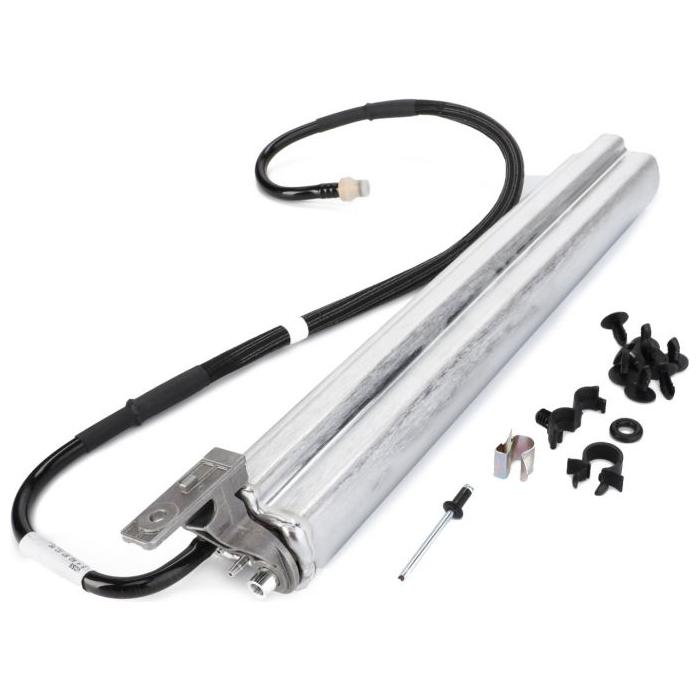 A component marketed as the Fendt - Volume Supplement - F931502030380 / F931502030990 by AGCO, featuring a silver cylindrical body, an attached black wiring cable, and various small accompanying parts, compatible with Fendt Vario S4 systems.
