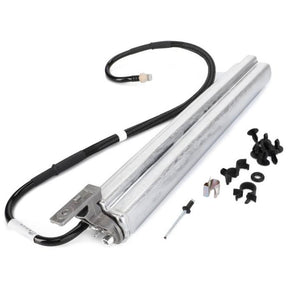 A component marketed as the Fendt - Volume Supplement - F931502030380 / F931502030990 by AGCO, featuring a silver cylindrical body, an attached black wiring cable, and various small accompanying parts, compatible with Fendt Vario S4 systems.