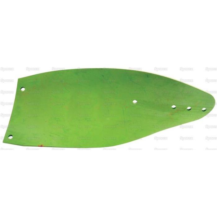 The Sparex Mouldboard - LH, part number S.127460, compatible with Dowdeswell DDS models, is a green metal agricultural implement component featuring three holes on one side and one hole on the opposite end, shown against a white background for durable performance.