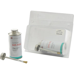 A can of Sparex Vulcanising Solution 175g (Part No. S.119678) with a brush applicator placed beside it, and an empty transparent Agripak plastic packaging in the background.