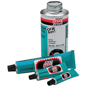Image shows a set of Sparex adhesive products, including one large canister labeled Vulcanising Solution 175g (Sparex Part No. S.52220) and three small tubes of Vulcanising Solution. The products are primarily teal and black with red and white labels.