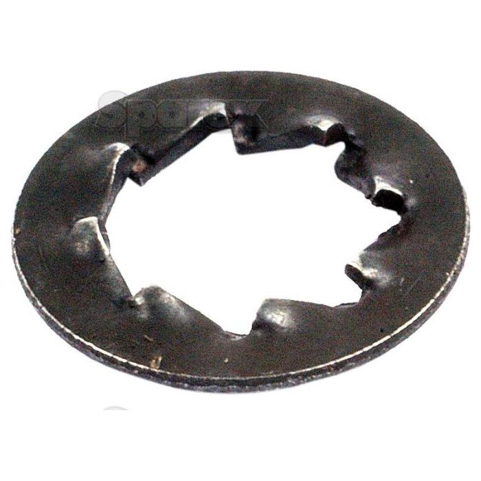 A metal star washer with a jagged inner hole featuring multiple points, known as the WASHER-SHAKEPROOF-2BA, Sparex Part No. S.1063 by Sparex.