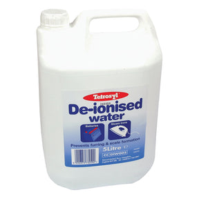 A 5-litre white container of Sparex Distilled Water, labeled with part number S.20767 for use in batteries and steam irons, featuring a handle and a screw cap.