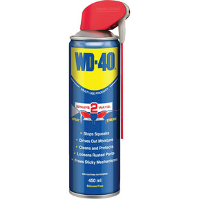 A 450ml can of WD40 Smart Straw (S.119774) from Sparex features a red Smart Straw attached. The label emphasizes benefits such as stopping squeaks, driving out moisture, cleaning, protecting, loosening rusted parts, and freeing sticky mechanisms with its dual action spray. This multi-purpose lubricant is an essential tool for any toolkit.